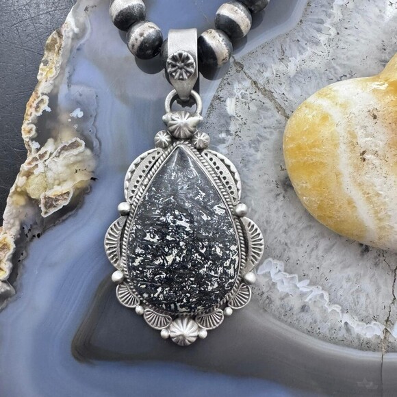 Sterling Southwestern Style Teardrop Petrified Wood Decorated Pendant For Women - Picture 1 of 10